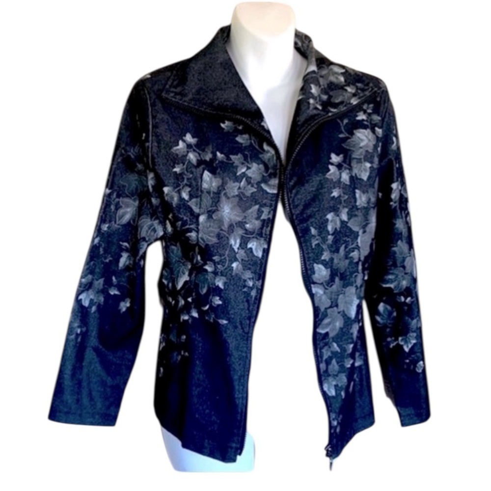CLARA S by CLARA SUNWOO Grey denim jacket, light weight, stencil leaves. S